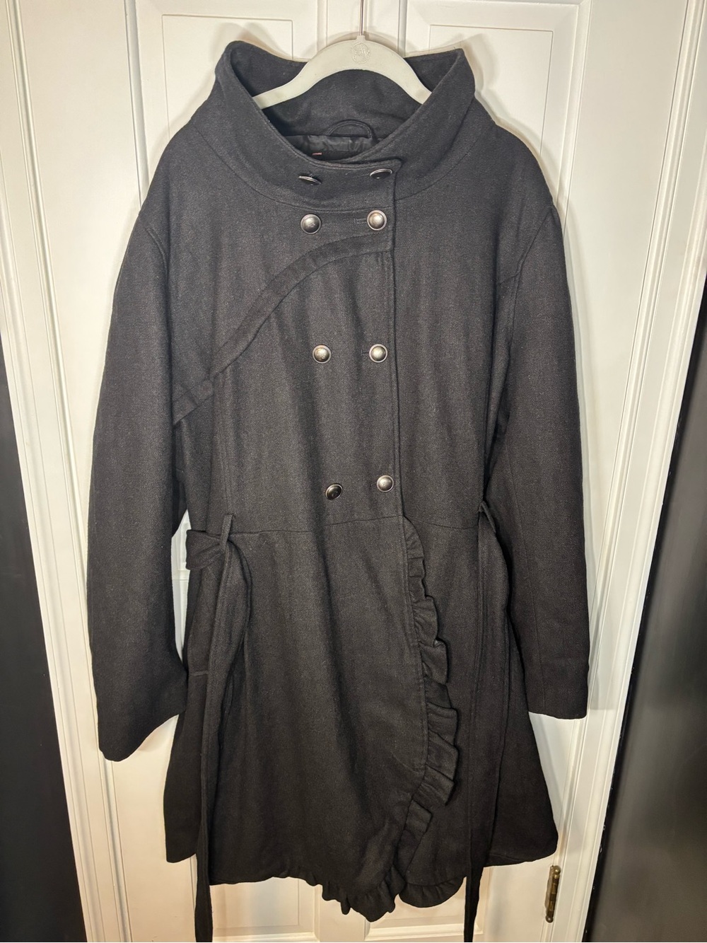 Xhilaration Black Double-Breasted Wool Trench Coat with Ruffle Trim Women’s 4